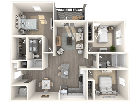 Floor plan for 3 beds, 2 baths, 1329 sqft